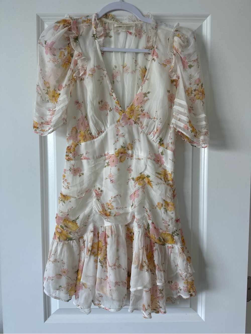 loveshackfancy Floral V-Neck Ruffle Mini Dress in Cream, Pink & Yellow